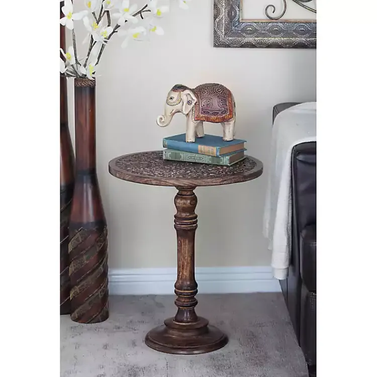 Kirklands Home Carved Mandala Mango Wood Accent Table Brown Outlet