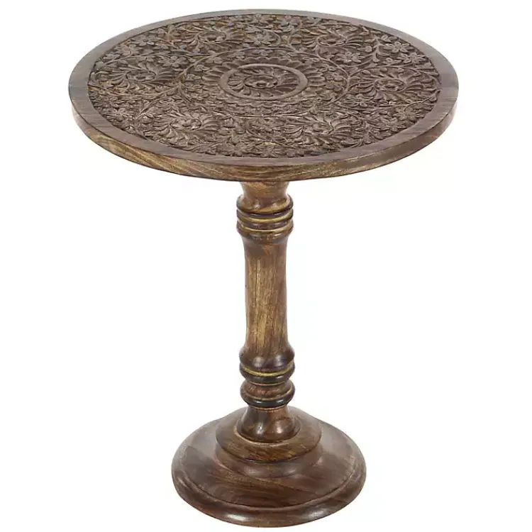 Kirklands Home Carved Mandala Mango Wood Accent Table Brown Outlet