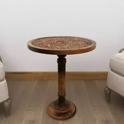 Kirklands Home Carved Mandala Mango Wood Accent Table Brown Outlet
