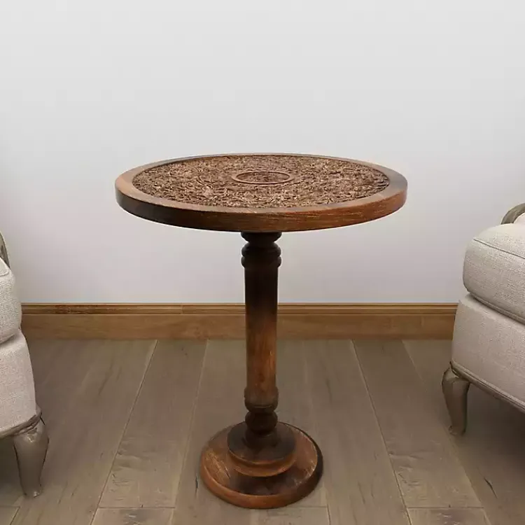 Kirklands Home Carved Mandala Mango Wood Accent Table Brown Outlet