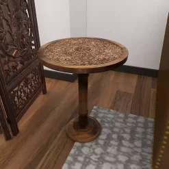 Kirklands Home Carved Mandala Mango Wood Accent Table Brown Outlet