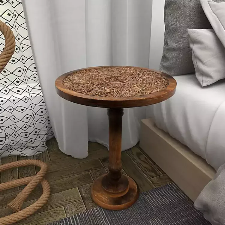 Kirklands Home Carved Mandala Mango Wood Accent Table Brown Outlet