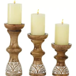 Candle Holders>Kirklands Home Carved Mango Wood Pillar Candle Holders, Set of 3 Brown