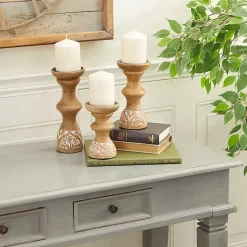 Candle Holders>Kirklands Home Carved Mango Wood Pillar Candle Holders, Set of 3 Brown