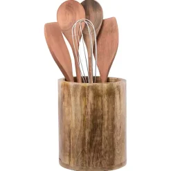 Kirklands Home Carved Mango Wood Utensil Crock Brown Clearance