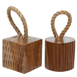 Decorative Accents>Kirklands Home Carved Teak Wood and Rope Door Stoppers, Set of 2 Brown