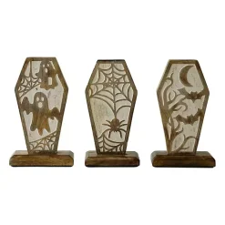 Halloween>Kirklands Home Carved Wooden Coffin Statues, Set of 3