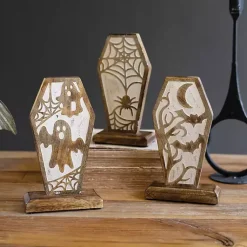 Halloween>Kirklands Home Carved Wooden Coffin Statues, Set of 3