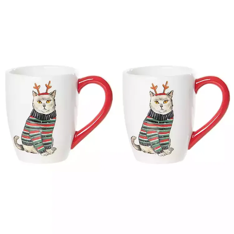 Christmas Dining & Entertaining>Kirklands Home Cat Christmas Sweater Mugs, Set of 2