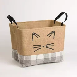 Baskets & Boxes>Kirklands Home Cat Whiskers Gray Plaid Leather Handle Jute Bin