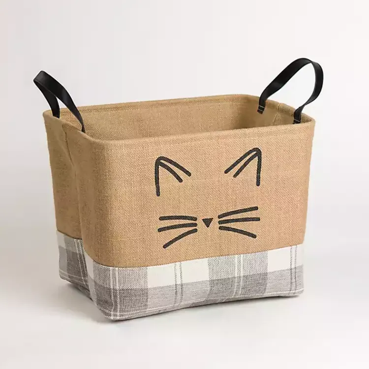 Baskets & Boxes>Kirklands Home Cat Whiskers Gray Plaid Leather Handle Jute Bin