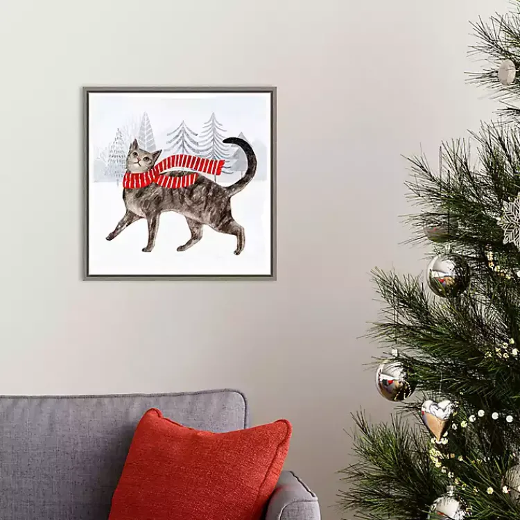 Christmas Art & Wall Decor>Kirklands Home Cat with Red Scarf Christmas Canvas Wall Plaque