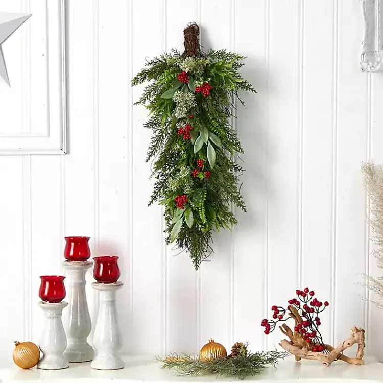 Christmas Wreaths>Kirklands Home Cedar and Eucalyptus Berry Teardrop Swag