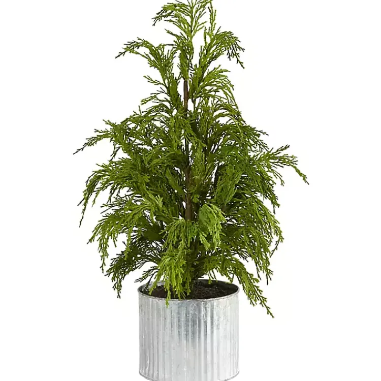 Christmas Arrangements & Garland>Kirklands Home Cedar Pine Mini Tree in Corrugated Metal Planter