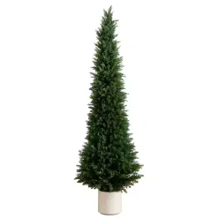 Trees & Topiaries>Kirklands Home Cedar Tree in White Pot, 6 ft.