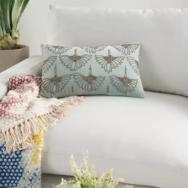 Pillows>Kirklands Home Celadon Beaded Floral Motif Lumbar Pillow Blue