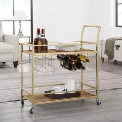 Kirklands Home Celeste Gold Metal and Wood Bar Cart New
