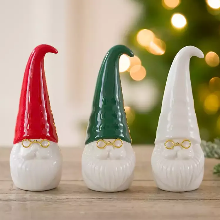 Christmas Decorations>Kirklands Home Ceramic Santa Gnomes with Glasses, Set of 3