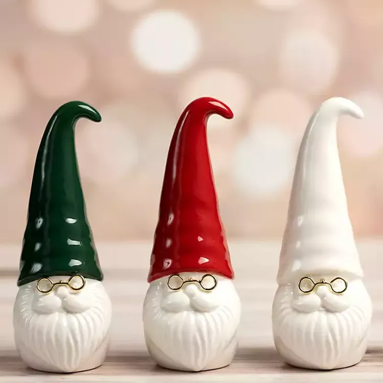 Christmas Decorations>Kirklands Home Ceramic Santa Gnomes with Glasses, Set of 3