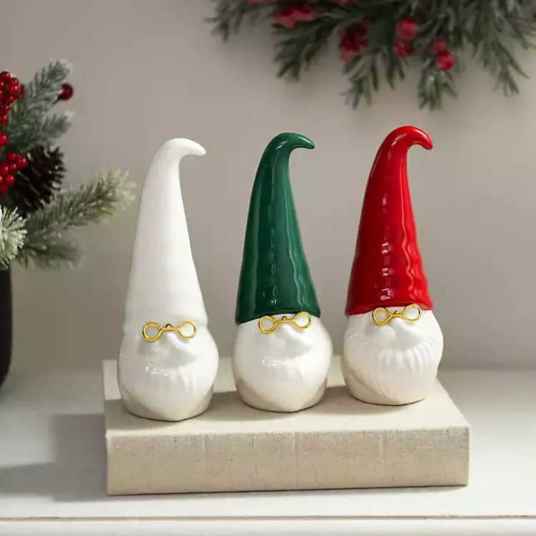 Christmas Decorations>Kirklands Home Ceramic Santa Gnomes with Glasses, Set of 3