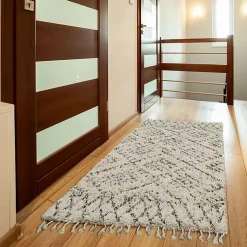 Kirklands Home Charcoal and Ivory Linear Fringe Runner, 2x6
