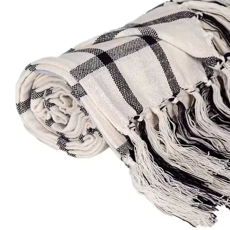 Blankets & Throws>Kirklands Home Charcoal and White Plaid Tassel Throw