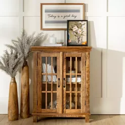 Kirklands Home Charlie Natural Mango Wood Windowpane Cabinet Brown Hot