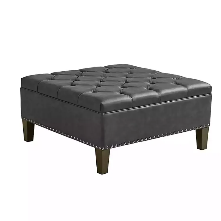 Kirklands Home Charocal Button Tufted Leather Ottoman Gray Outlet