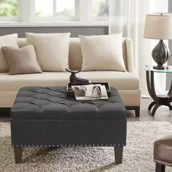 Kirklands Home Charocal Button Tufted Leather Ottoman Gray Outlet