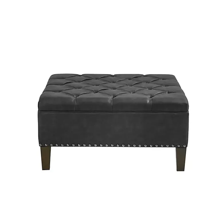 Kirklands Home Charocal Button Tufted Leather Ottoman Gray Outlet