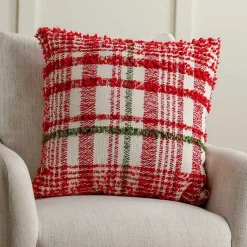 Christmas Pillows>Kirklands Home Chenille Red and Green Plaid Christmas Pillow