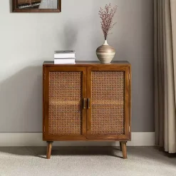 Kirklands Home Cherry Wood Frame Rattan Front Cabinet Brown New