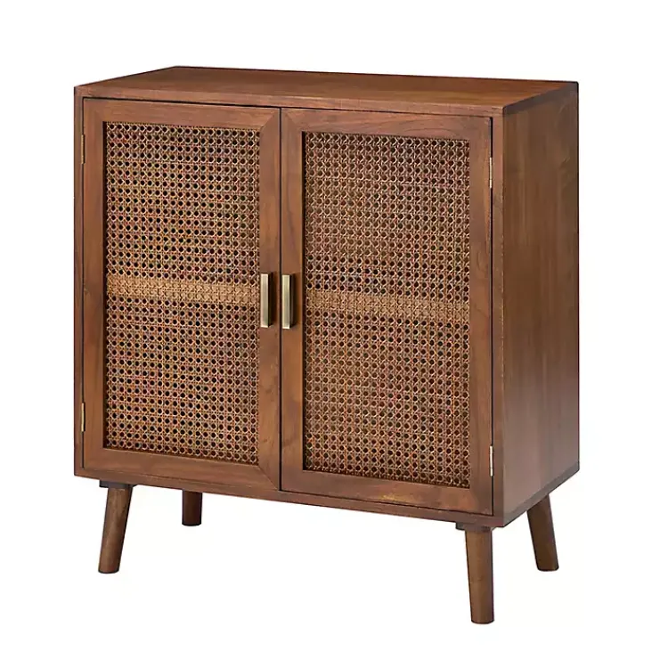 Kirklands Home Cherry Wood Frame Rattan Front Cabinet Brown New