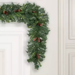 Christmas Arrangements & Garland>Kirklands Home Cheyenne Pinecone Warm White LED Lit Garland Green
