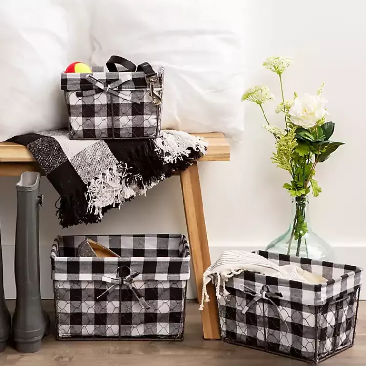 Baskets & Boxes>Kirklands Home Chicken Wire and Buffalo Check Baskets, Set of 3