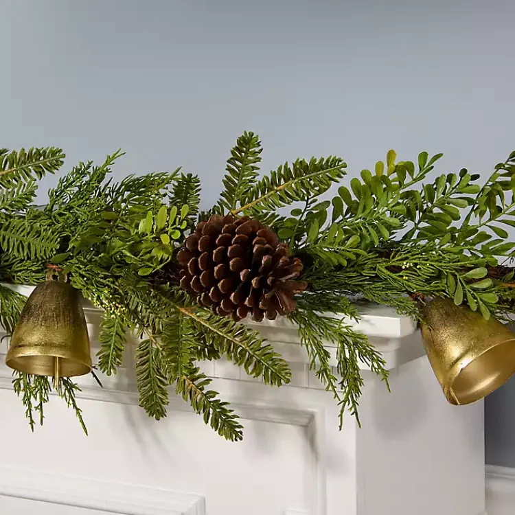 Christmas Arrangements & Garland>Kirklands Home Christmas Bells Pine Garland with Pinecones, 6 ft.