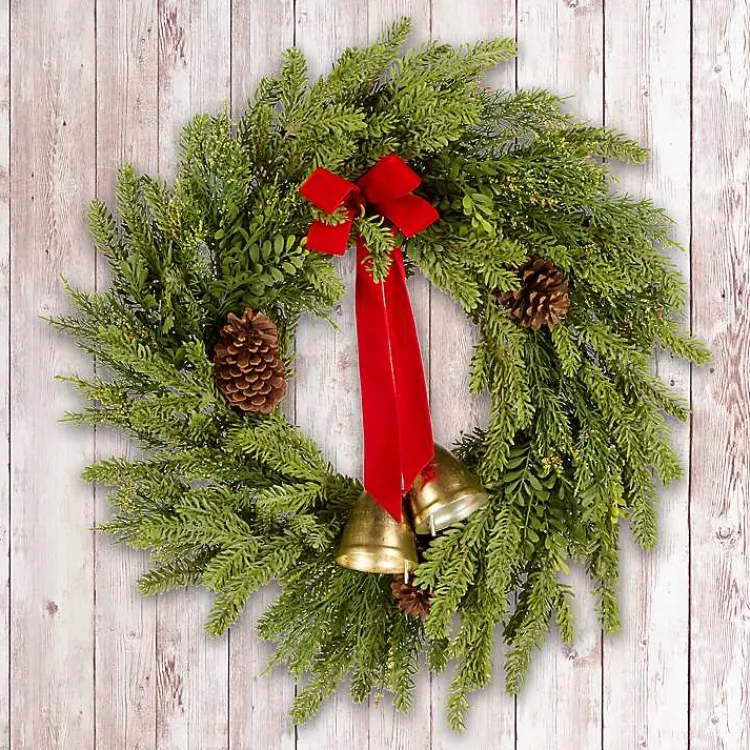 Christmas Wreaths>Kirklands Home Christmas Bells Pine Wreath with a Red Bow