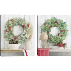 Christmas Art & Wall Decor>Kirklands Home Christmas Holly Wreath Canvas Art Prints, Set of 2