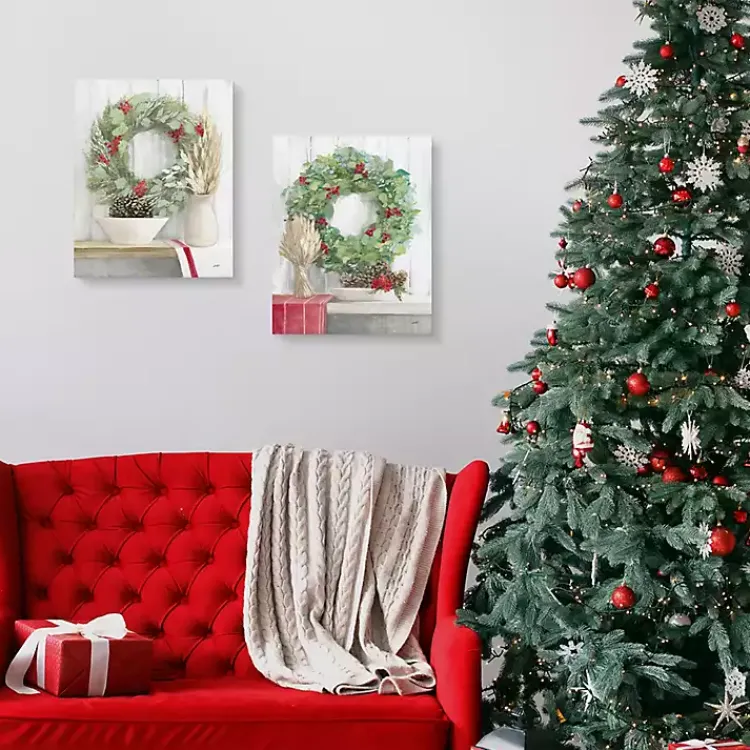 Christmas Art & Wall Decor>Kirklands Home Christmas Holly Wreath Canvas Art Prints, Set of 2