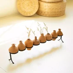 Vases>Kirklands Home Clay Mini Vases with Iron Base, Set of 9 Orange