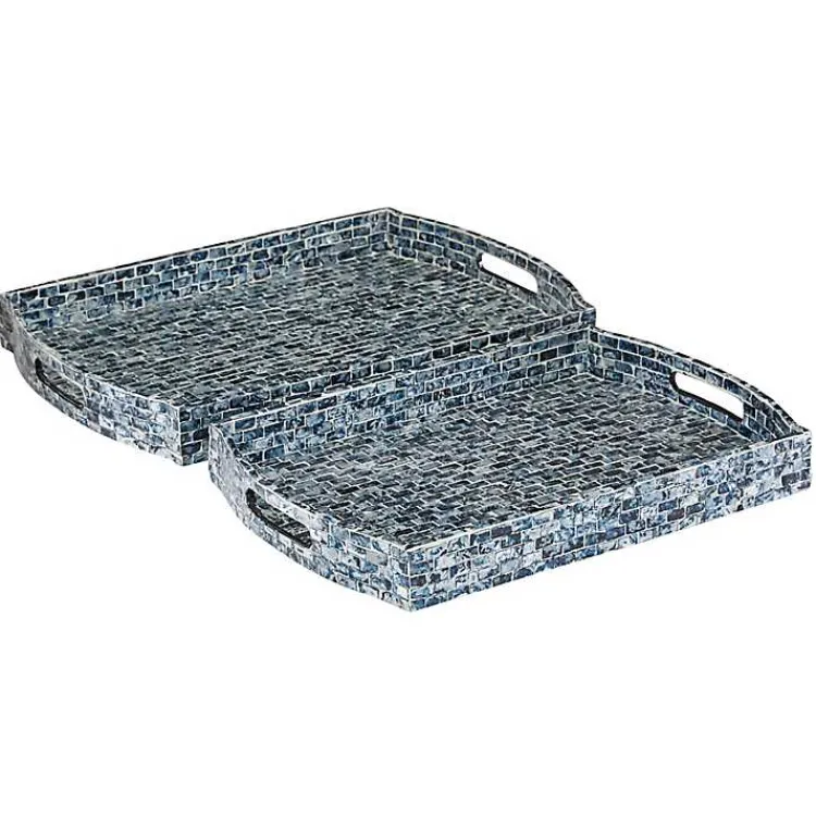 Decorative Trays>Kirklands Home Coastal Wood and Oyster Shell Trays, Set of 2 Blue