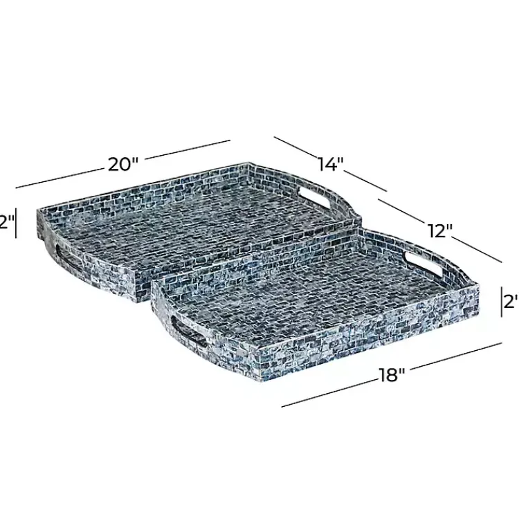 Decorative Trays>Kirklands Home Coastal Wood and Oyster Shell Trays, Set of 2 Blue