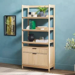Kirklands Home Coastal Oak 2-Drawer Modern Wood Bookcase Tan Hot