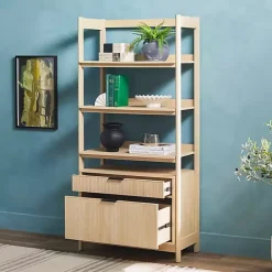 Kirklands Home Coastal Oak 2-Drawer Modern Wood Bookcase Tan Hot