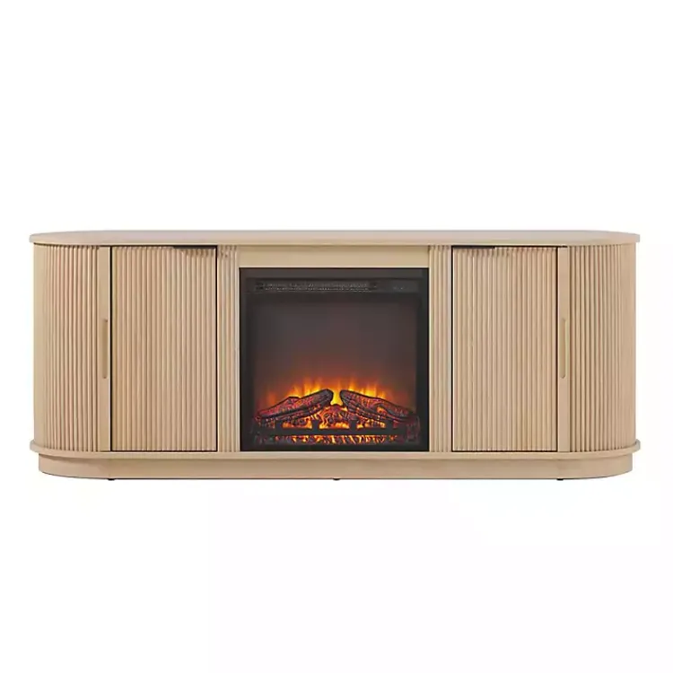 Kirklands Home Coastal Oak Reeded Fireplace Media Cabinet Tan Hot