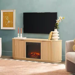 Kirklands Home Coastal Oak Reeded Fireplace Media Cabinet Tan Hot