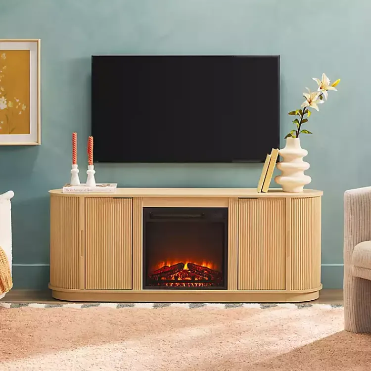 Kirklands Home Coastal Oak Reeded Fireplace Media Cabinet Tan Hot