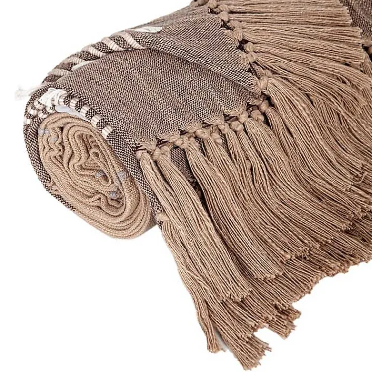 Blankets & Throws>Kirklands Home Coffee Slub Striped Tassel Throw Brown