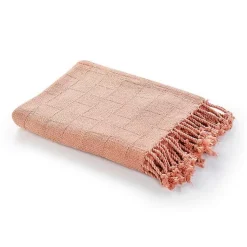 Blankets & Throws>Kirklands Home Coral Checkered Weave Fringe Throw Pink