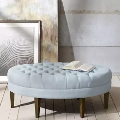Kirklands Home Cory Tufted Dusty Linen Ottoman Blue Hot
